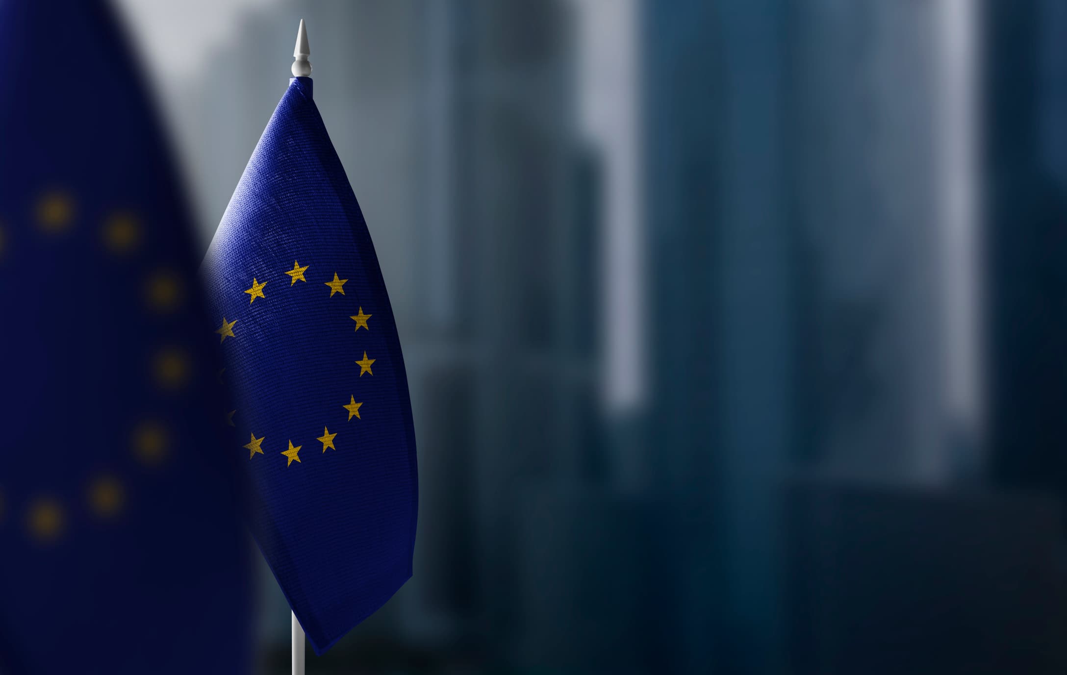 EU flag in front of a blurred background